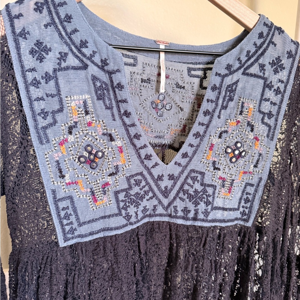 Free People Black Lace Blouse with Blue Embroidery - Picture 4 of 7